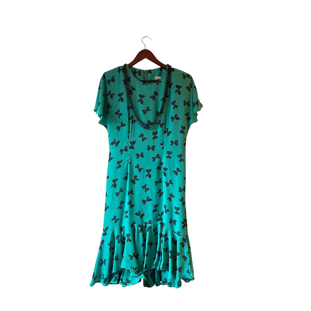 Vintage Teal Green Black Bow Print Ruffle Hem Midi Dress Size small